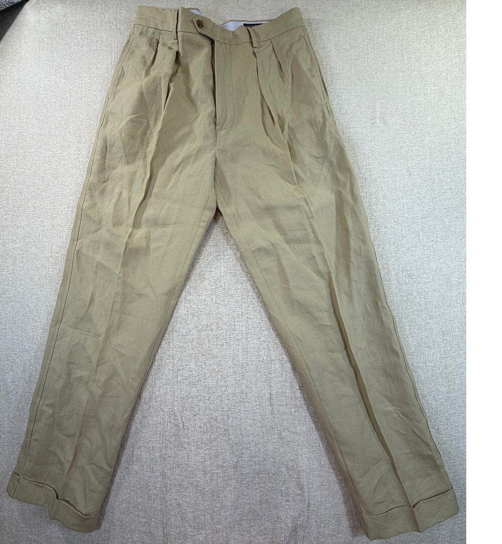 Daniel Cremieux Men's 34x32 Tan 100% Linen Pleated Cuffed Dress Pants Trousers